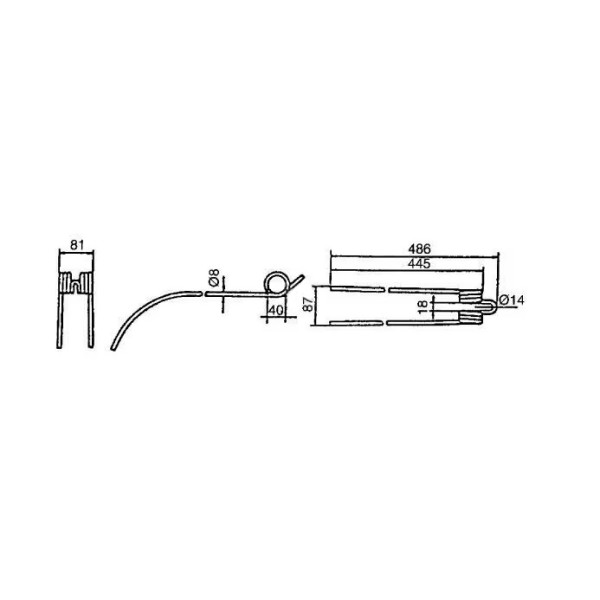 Dinte grebla rotativa 486x81x8 mm pentru Deutz Fahr VF06580259, VF11036630113